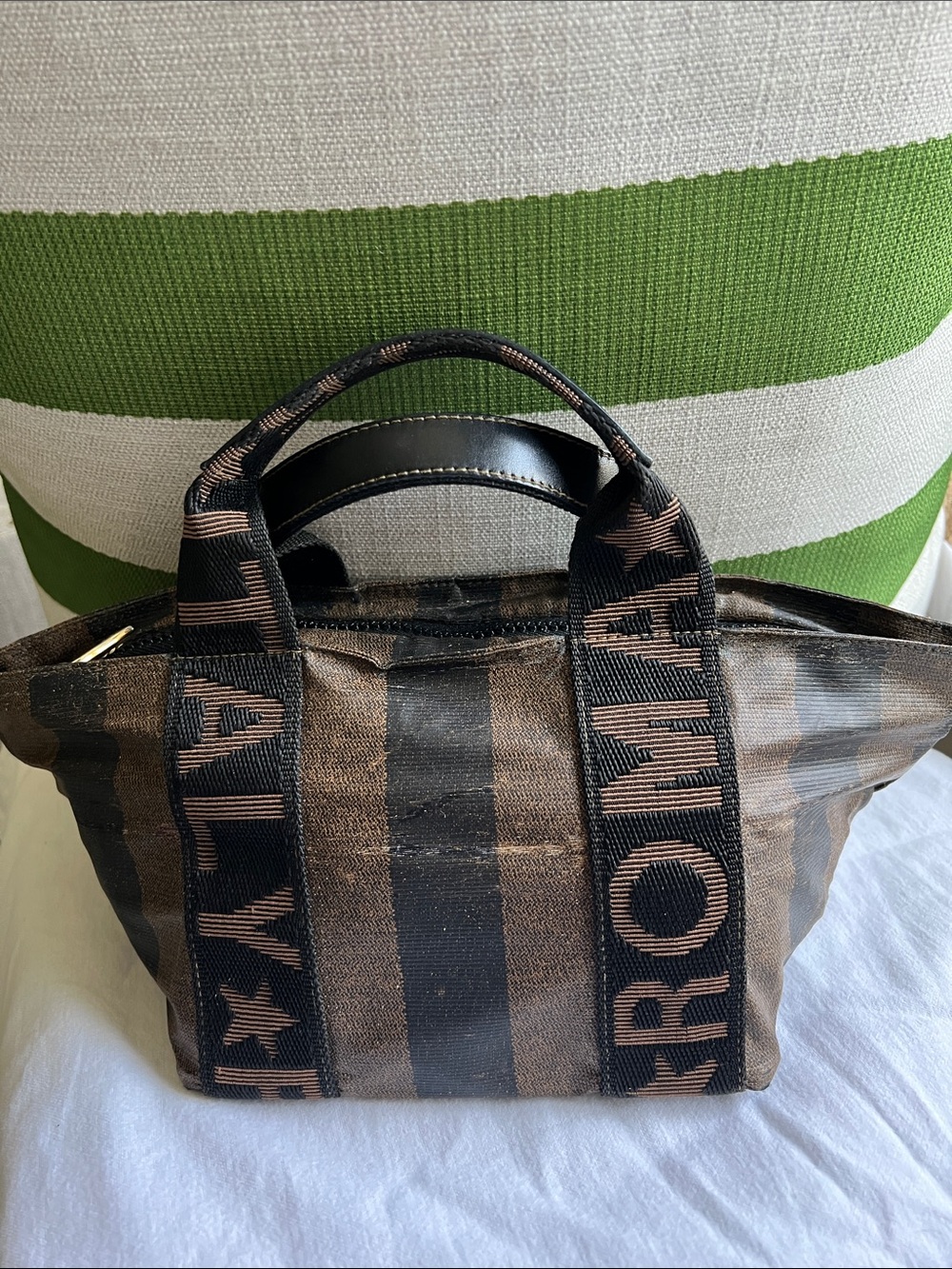 Vintage Fendi Roma Italy Pequin Stripe Mini Tote Bag Brown Black
Logo Handle
